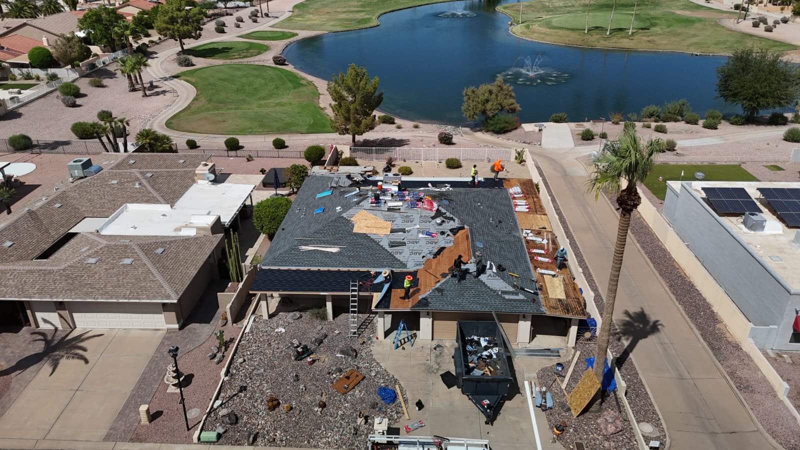 Aerial view of a Quest Roofing replacement project
