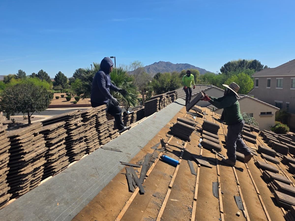 Tile stacks and battens staged during roof work